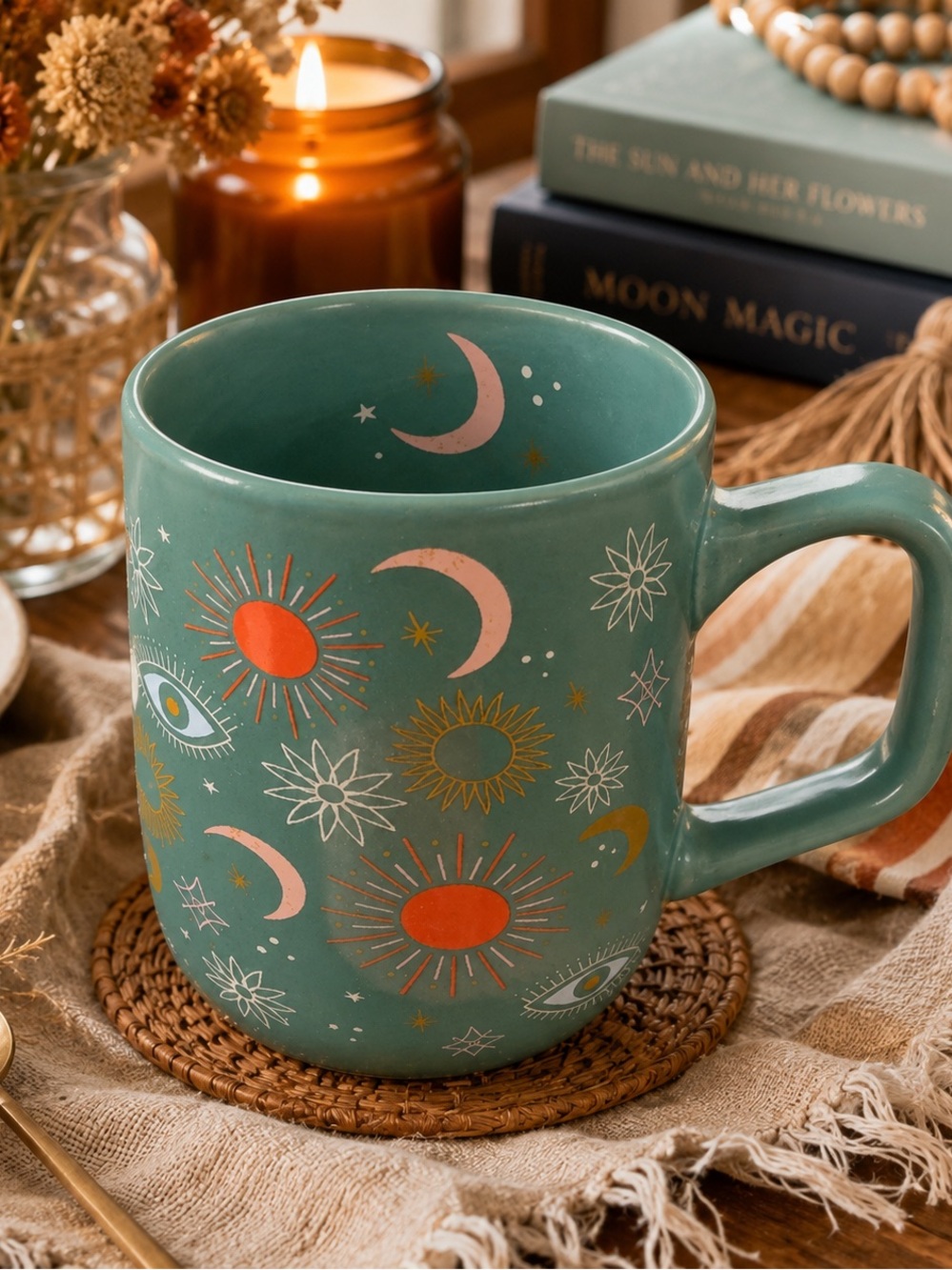 Fig & Fern Celestial Sun Moon Evil Eye Pattern Teal Coffee Tea Mug Stoneware